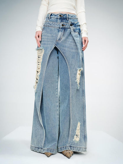 NORTH NODE Blue Double Layer Washed Distressed Women&