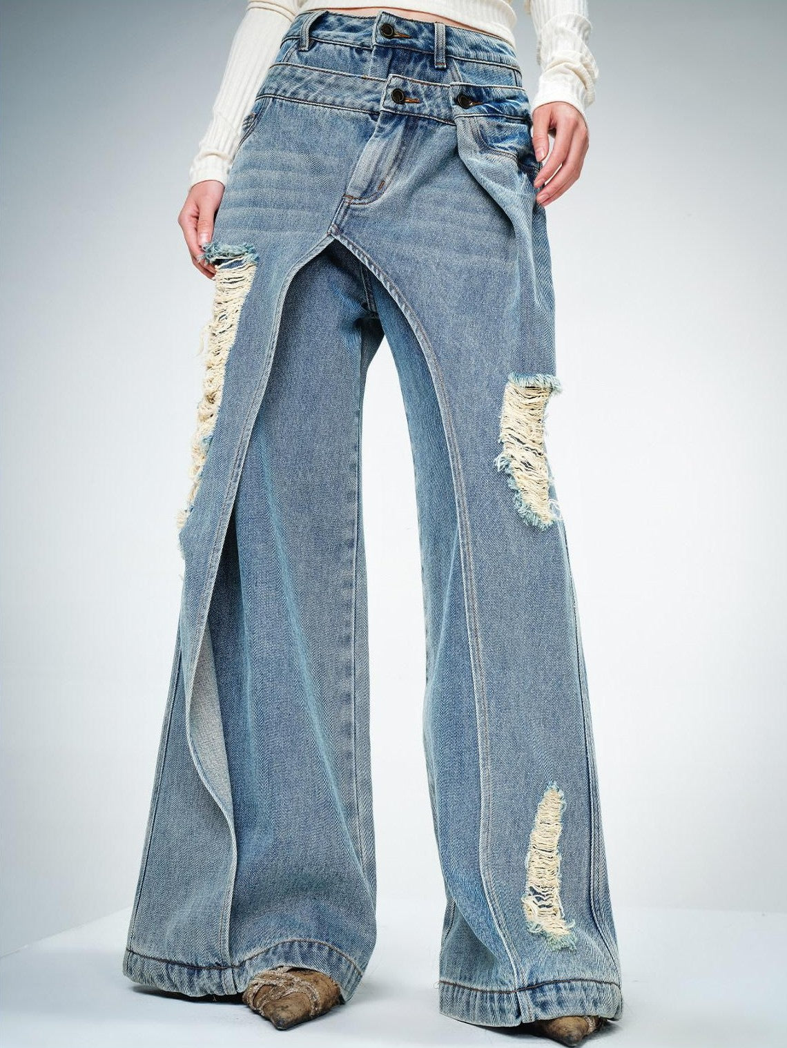 NORTH NODE Blue Double Layer Washed Distressed Women&