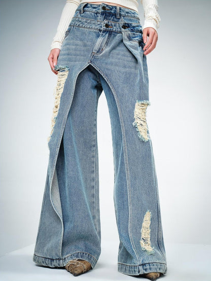 NORTH NODE Blue Double Layer Washed Distressed Women&