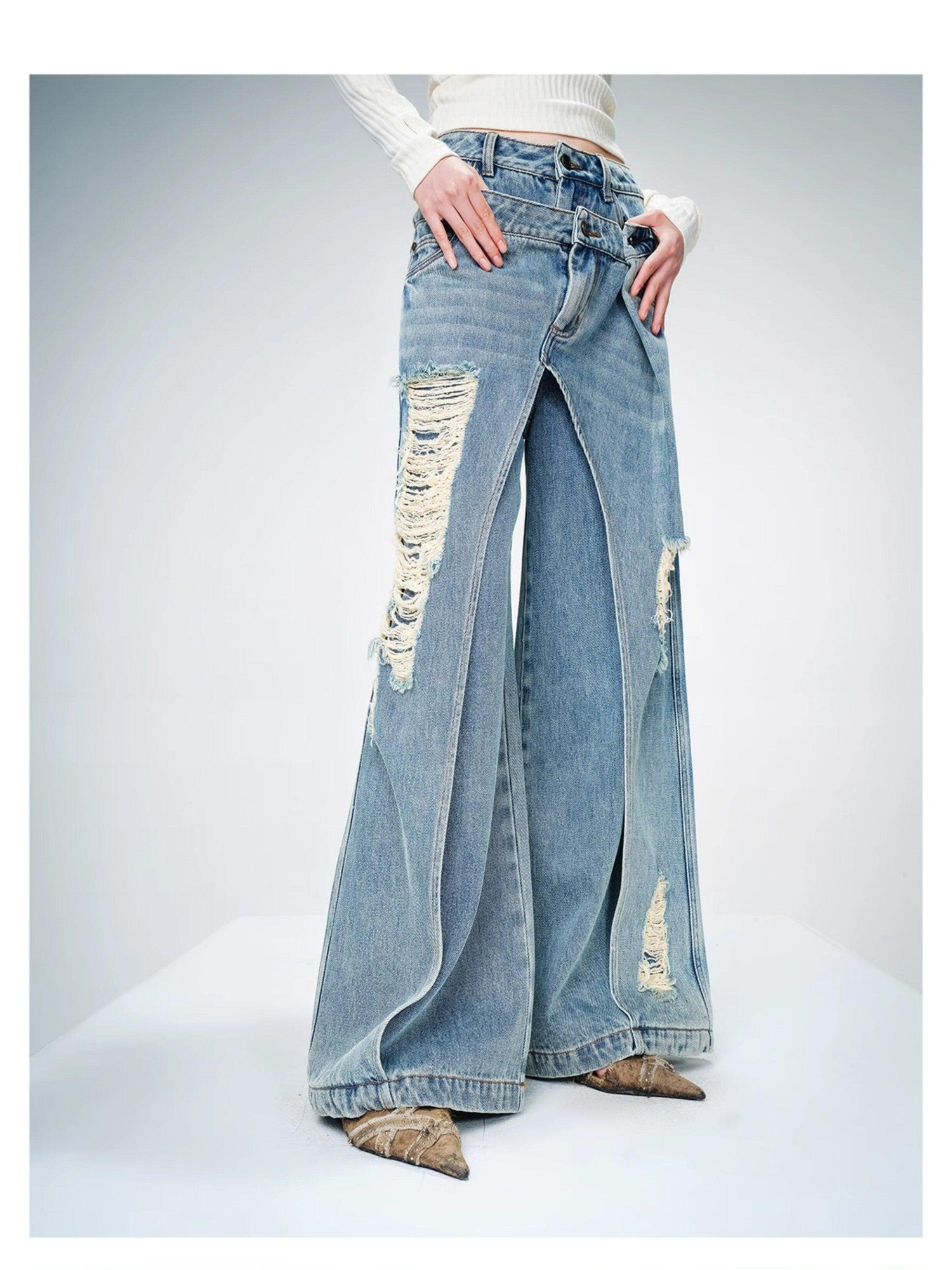 NORTH NODE Blue Double Layer Washed Distressed Women&