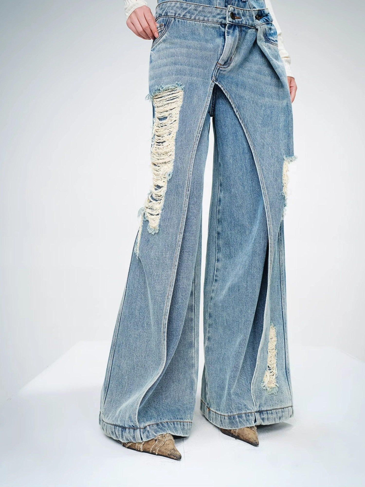 NORTH NODE Blue Double Layer Washed Distressed Women&