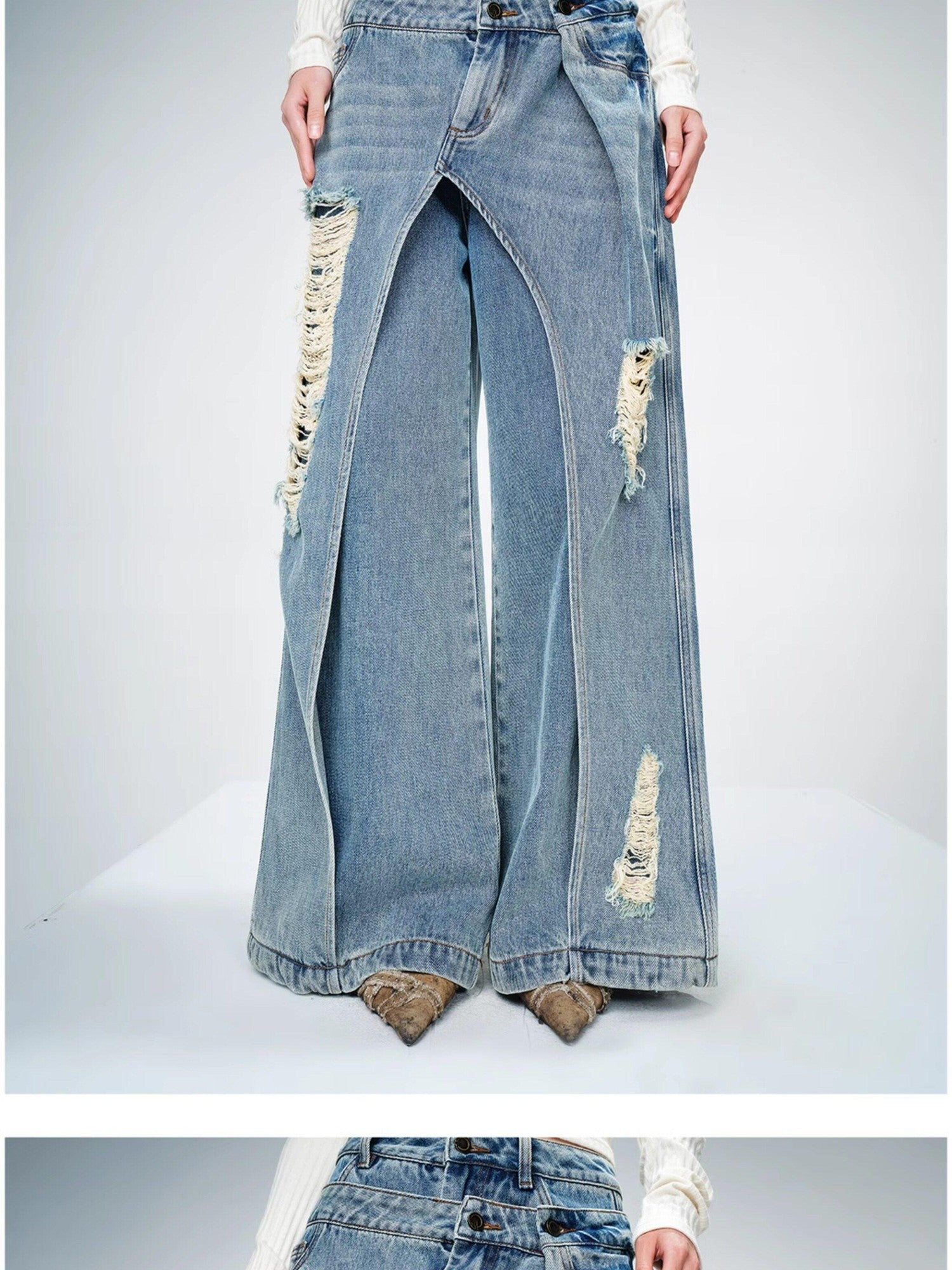 NORTH NODE Blue Double Layer Washed Distressed Women&