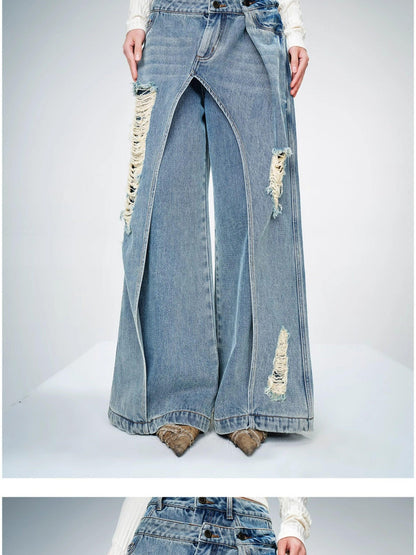 NORTH NODE Blue Double Layer Washed Distressed Women&