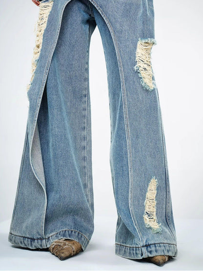 NORTH NODE Blue Double Layer Washed Distressed Women&