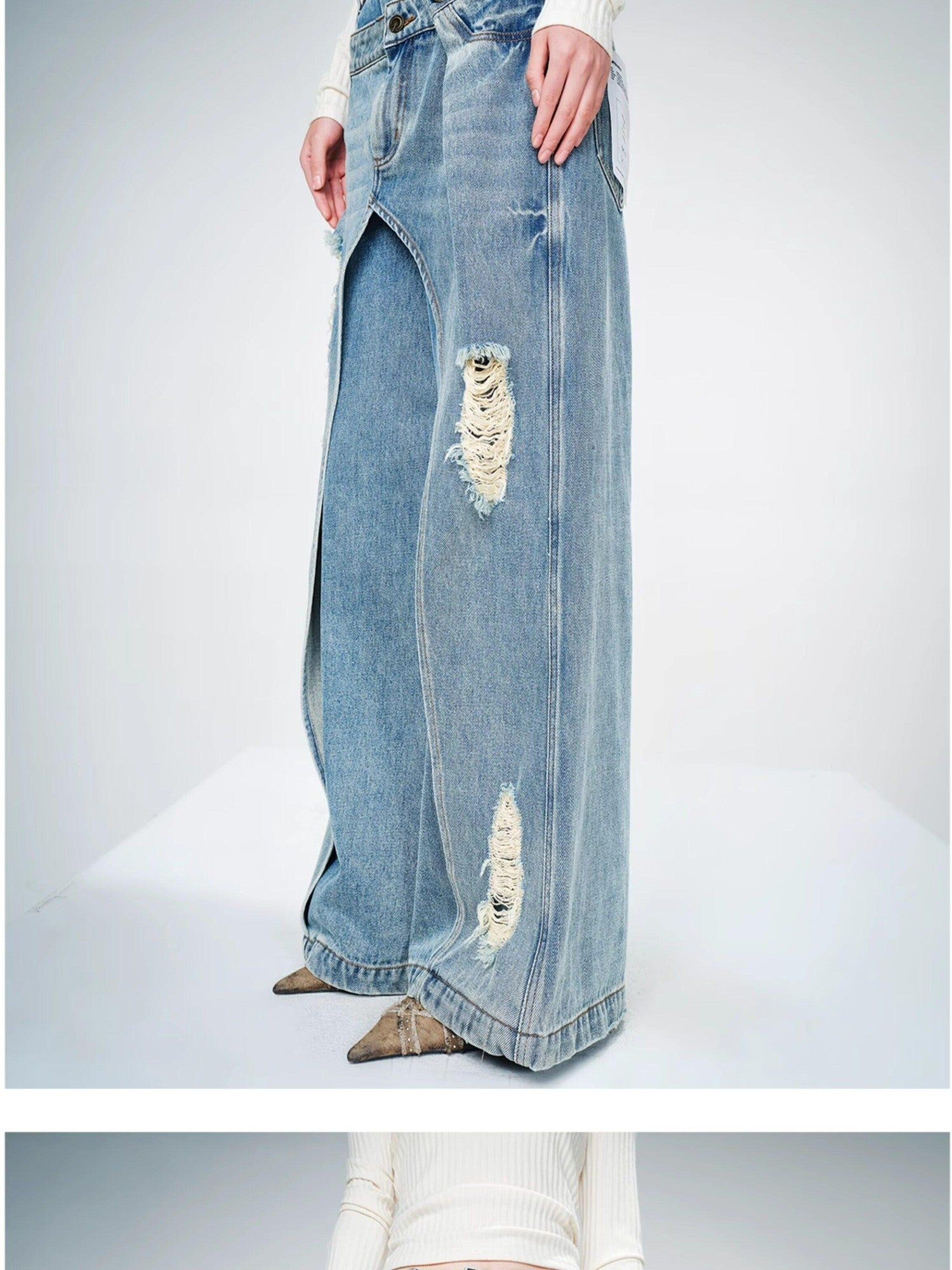 NORTH NODE Blue Double Layer Washed Distressed Women&