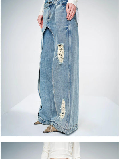 NORTH NODE Blue Double Layer Washed Distressed Women&