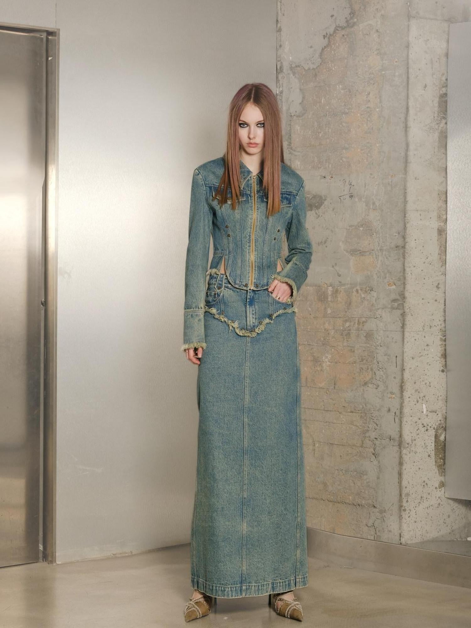 NORTH NODE Blue Washed Frayed Hem Slimming Women&