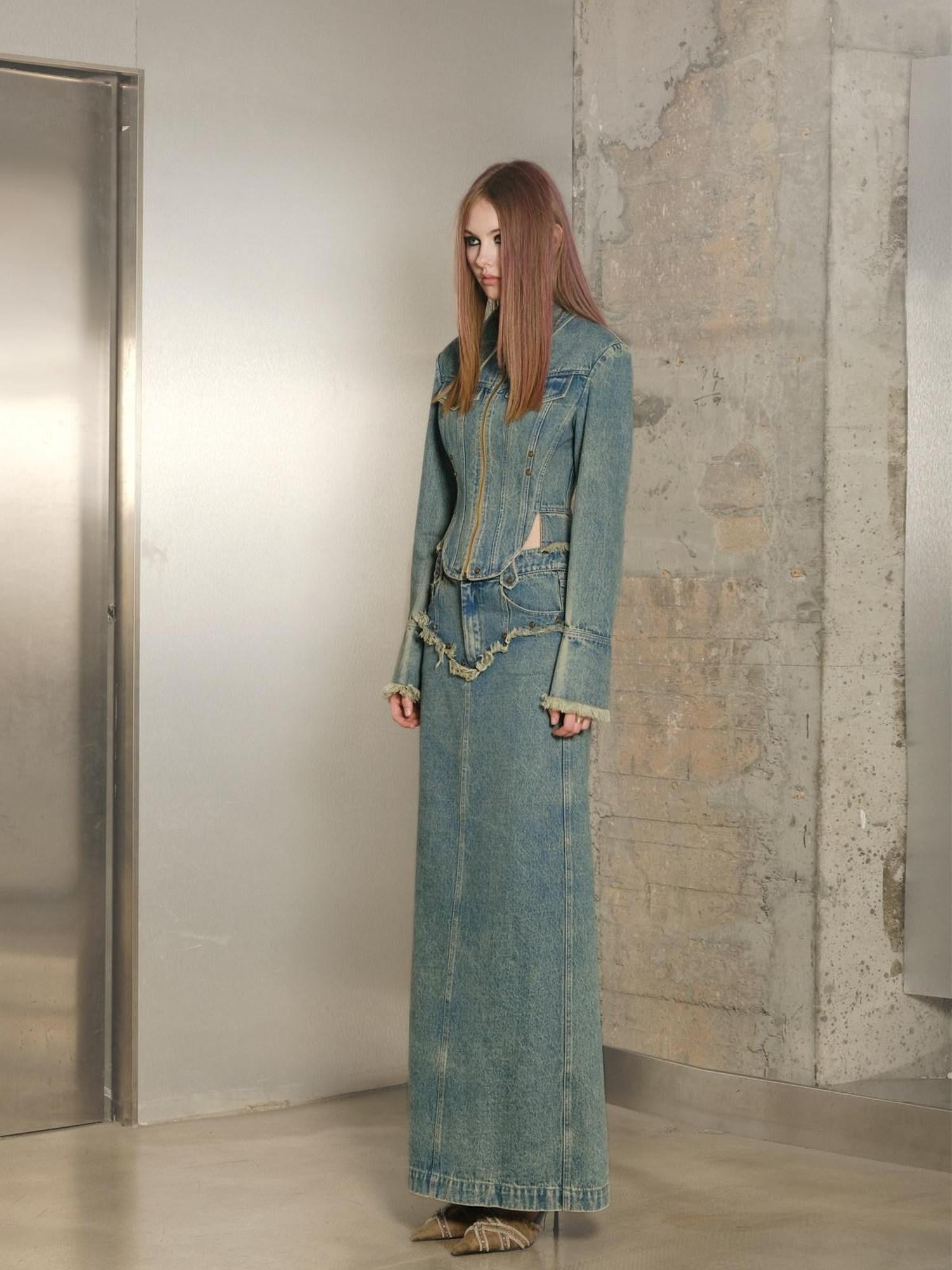 NORTH NODE Blue Washed Frayed Hem Slimming Women&