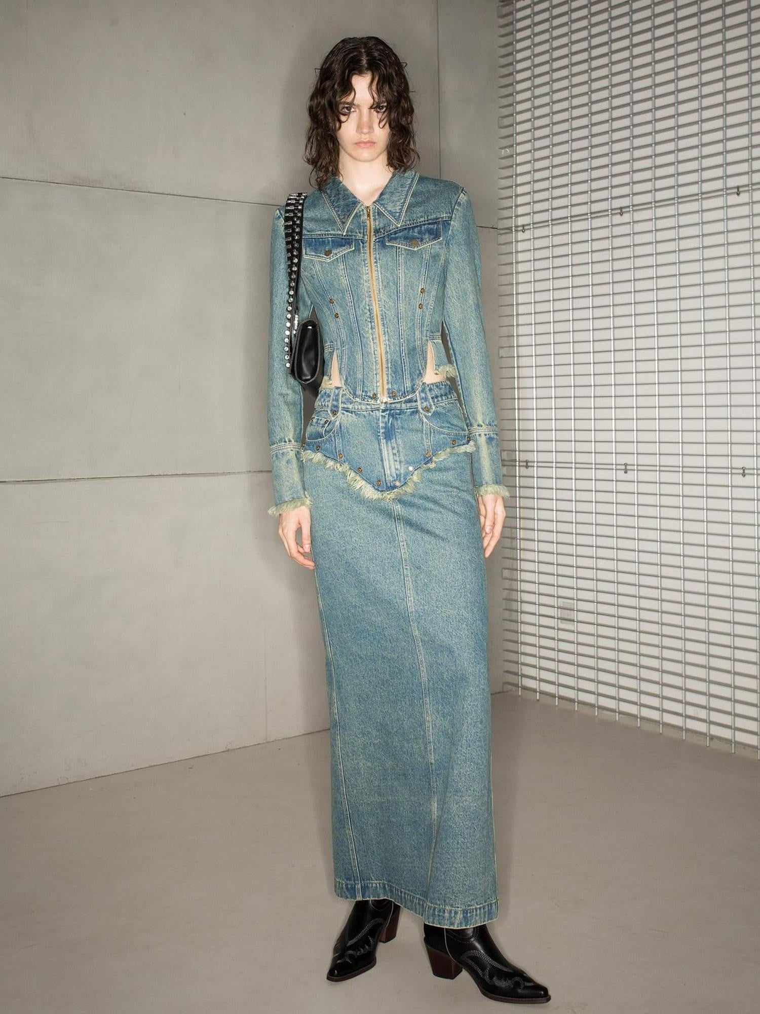 NORTH NODE Blue Washed Frayed Hem Slimming Women&