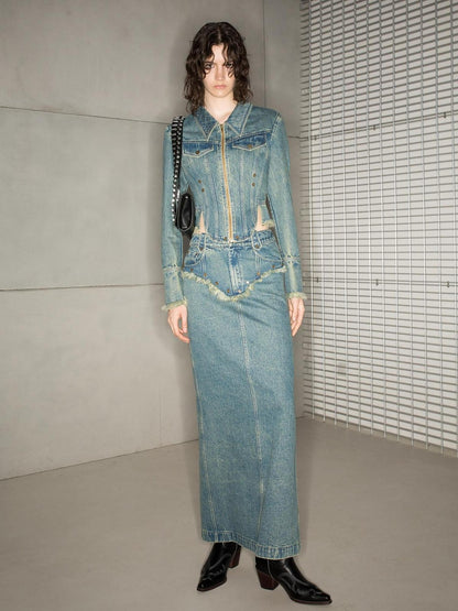 NORTH NODE Blue Washed Frayed Hem Slimming Women&