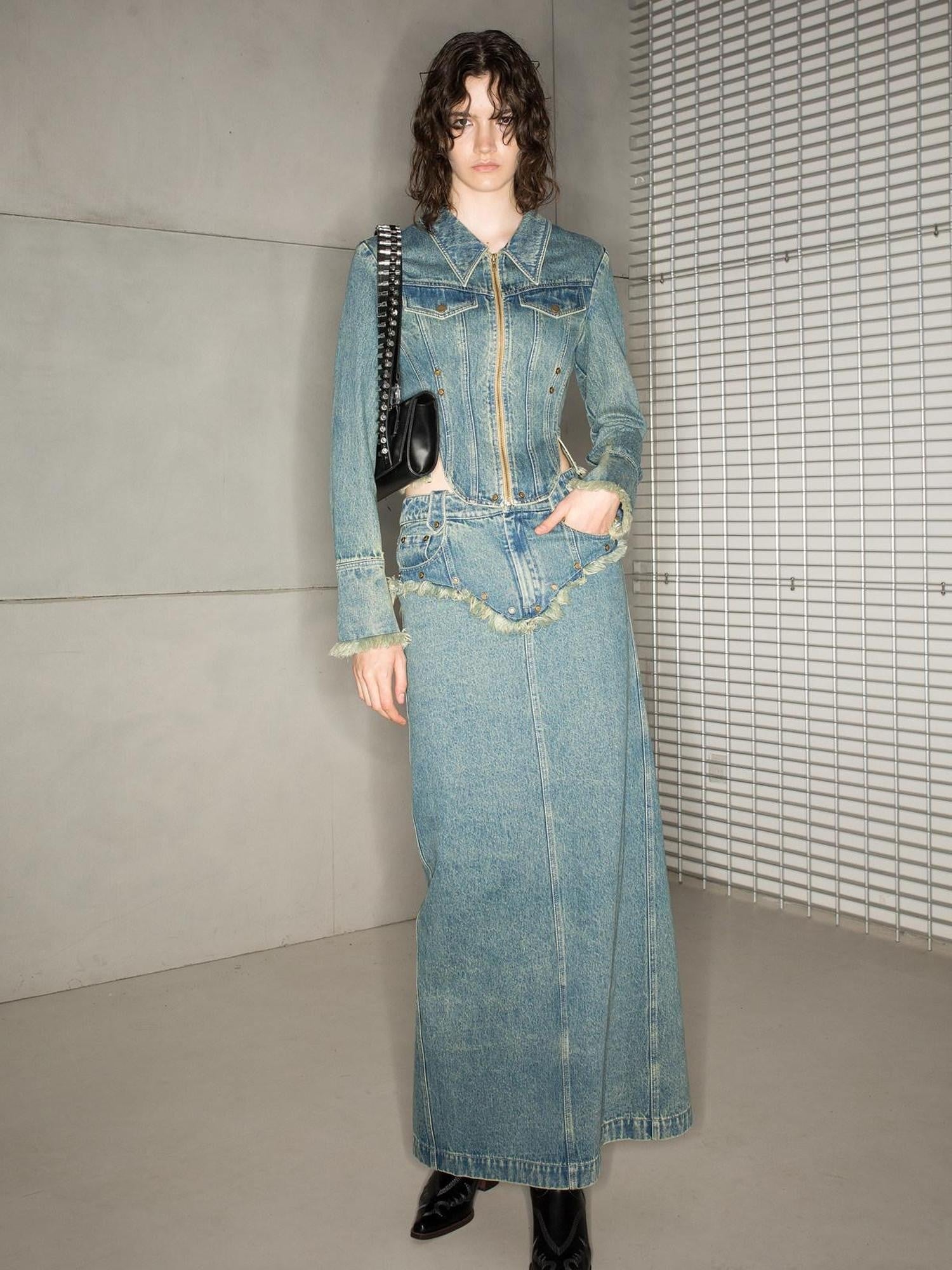 NORTH NODE Blue Washed Frayed Hem Slimming Women&