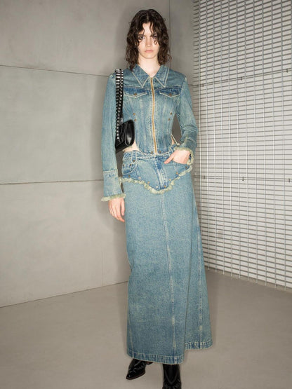 NORTH NODE Blue Washed Frayed Hem Slimming Women&