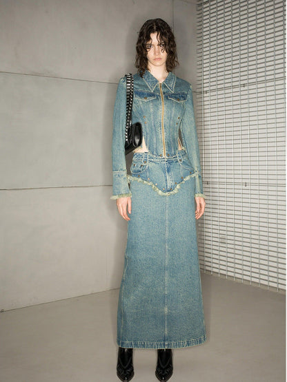 NORTH NODE Blue Washed Frayed Hem Slimming Women&