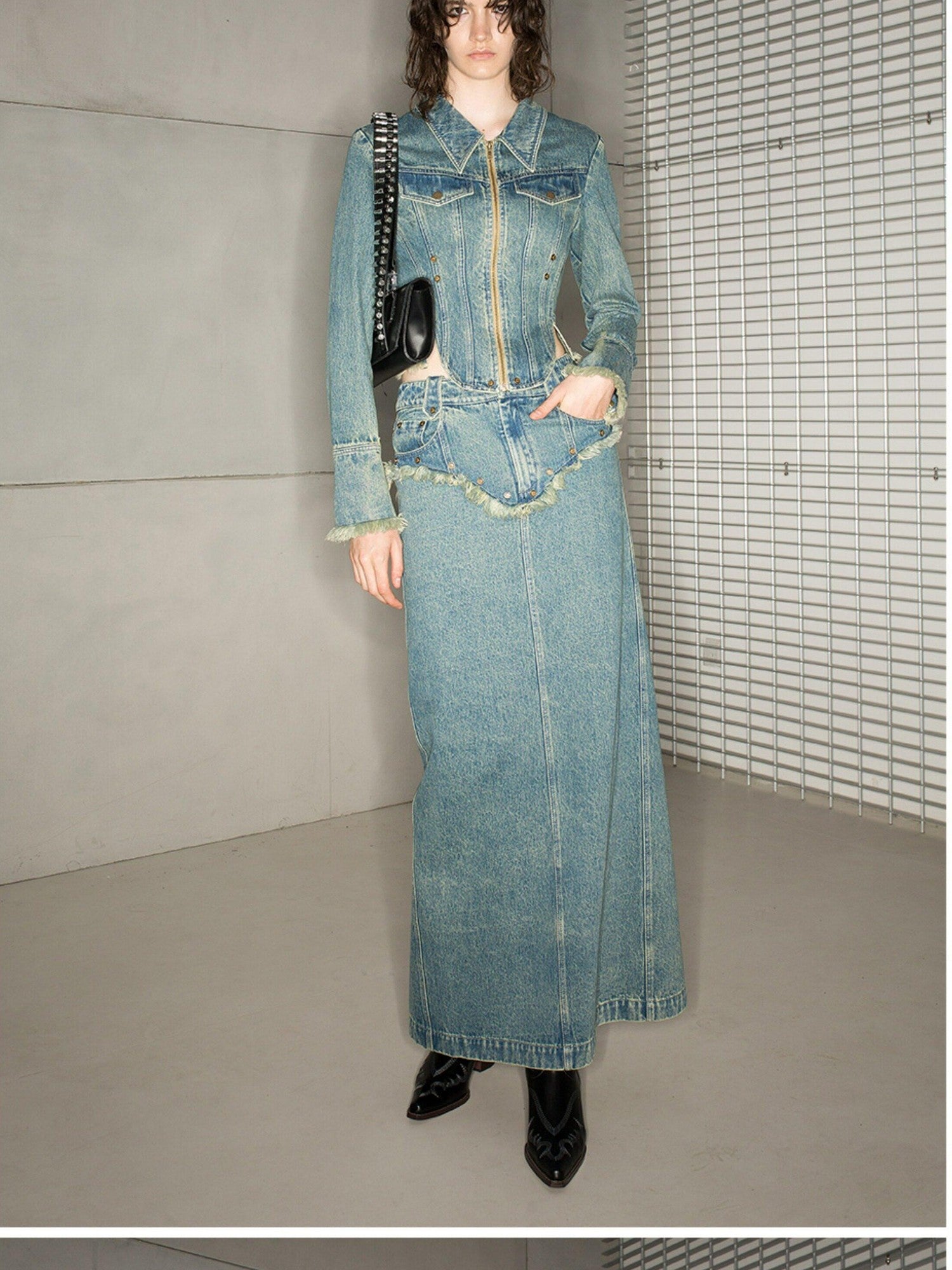 NORTH NODE Blue Washed Frayed Hem Slimming Women&