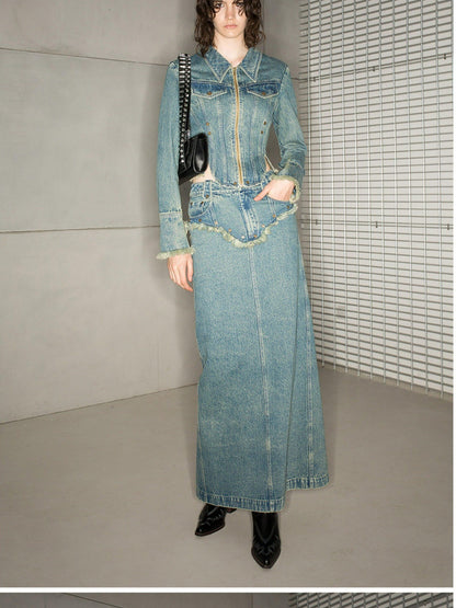 NORTH NODE Blue Washed Frayed Hem Slimming Women&