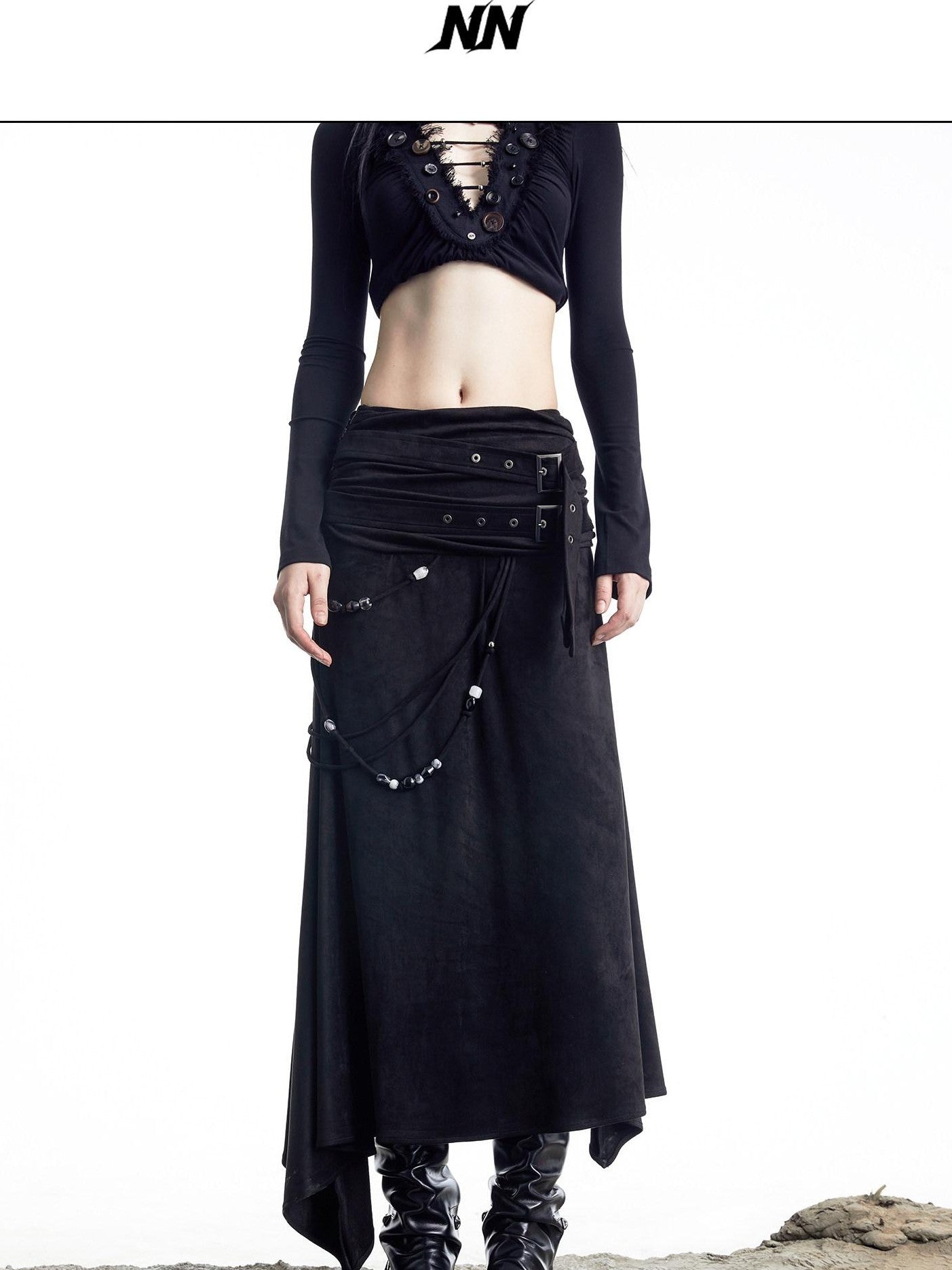 NORTH NODE Boho Patchwork Beaded Panel A Line Side Zipper Women&
