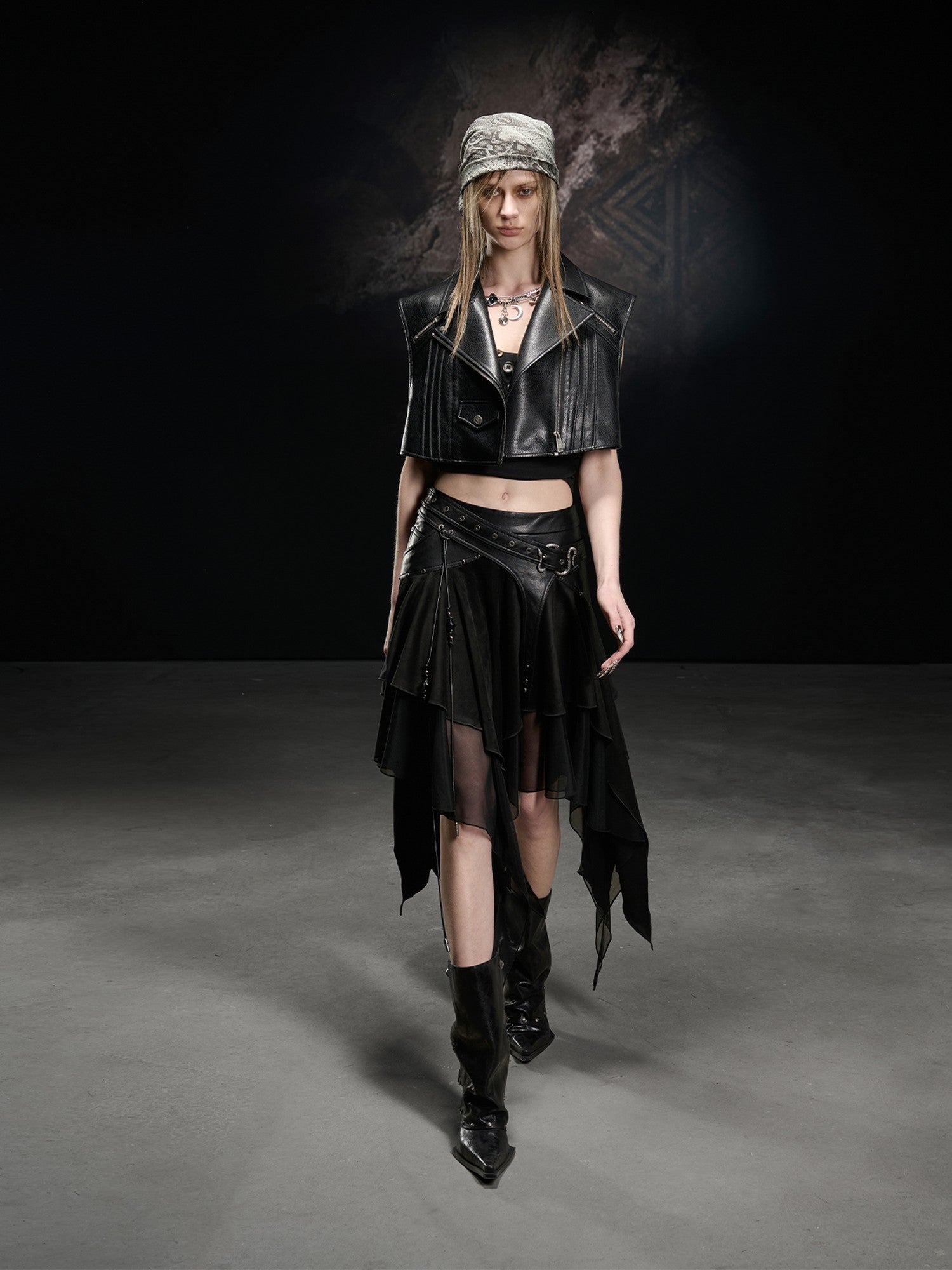 NORTH NODE Boxy Studded Pleated Biker Turn Collar Women&