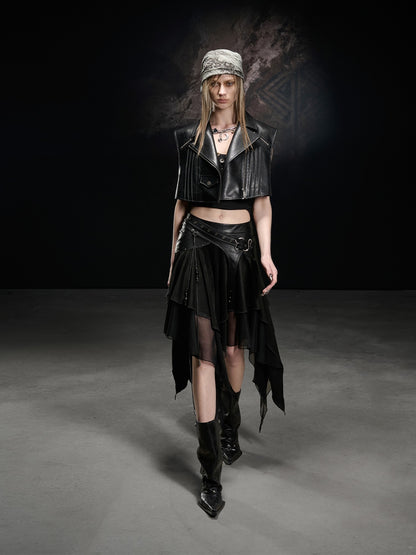 NORTH NODE Boxy Studded Pleated Biker Turn Collar Women&