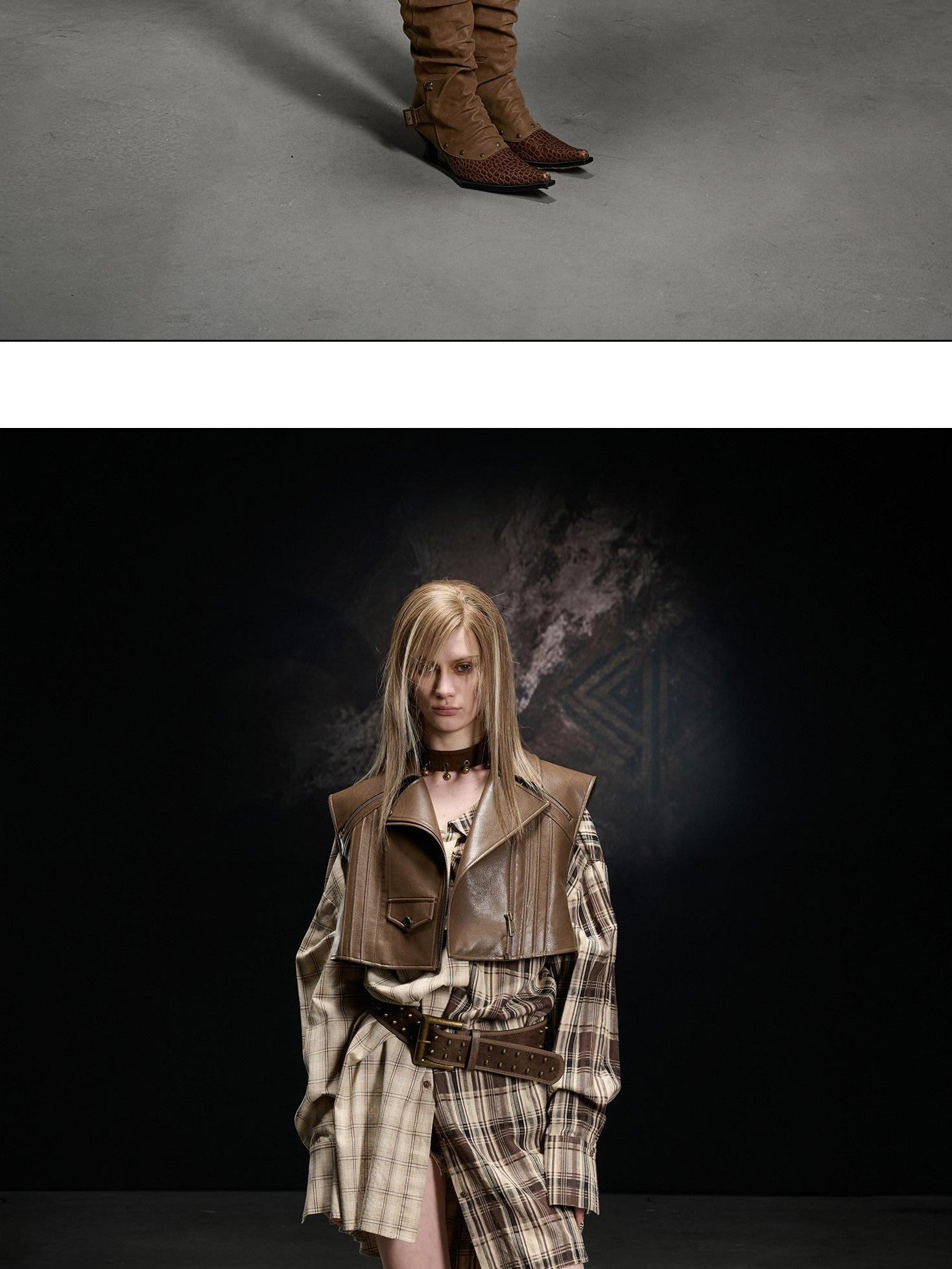 NORTH NODE Boxy Studded Pleated Biker Turn Collar Women&