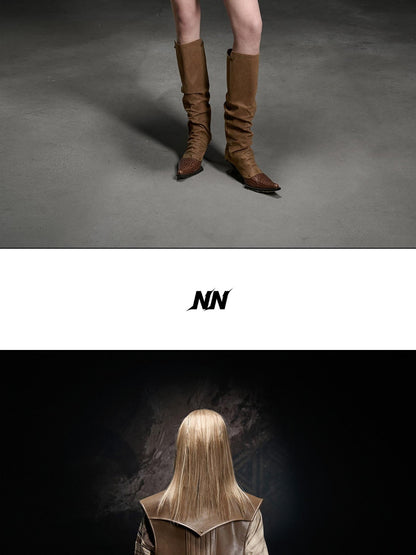 NORTH NODE Boxy Studded Pleated Biker Turn Collar Women&
