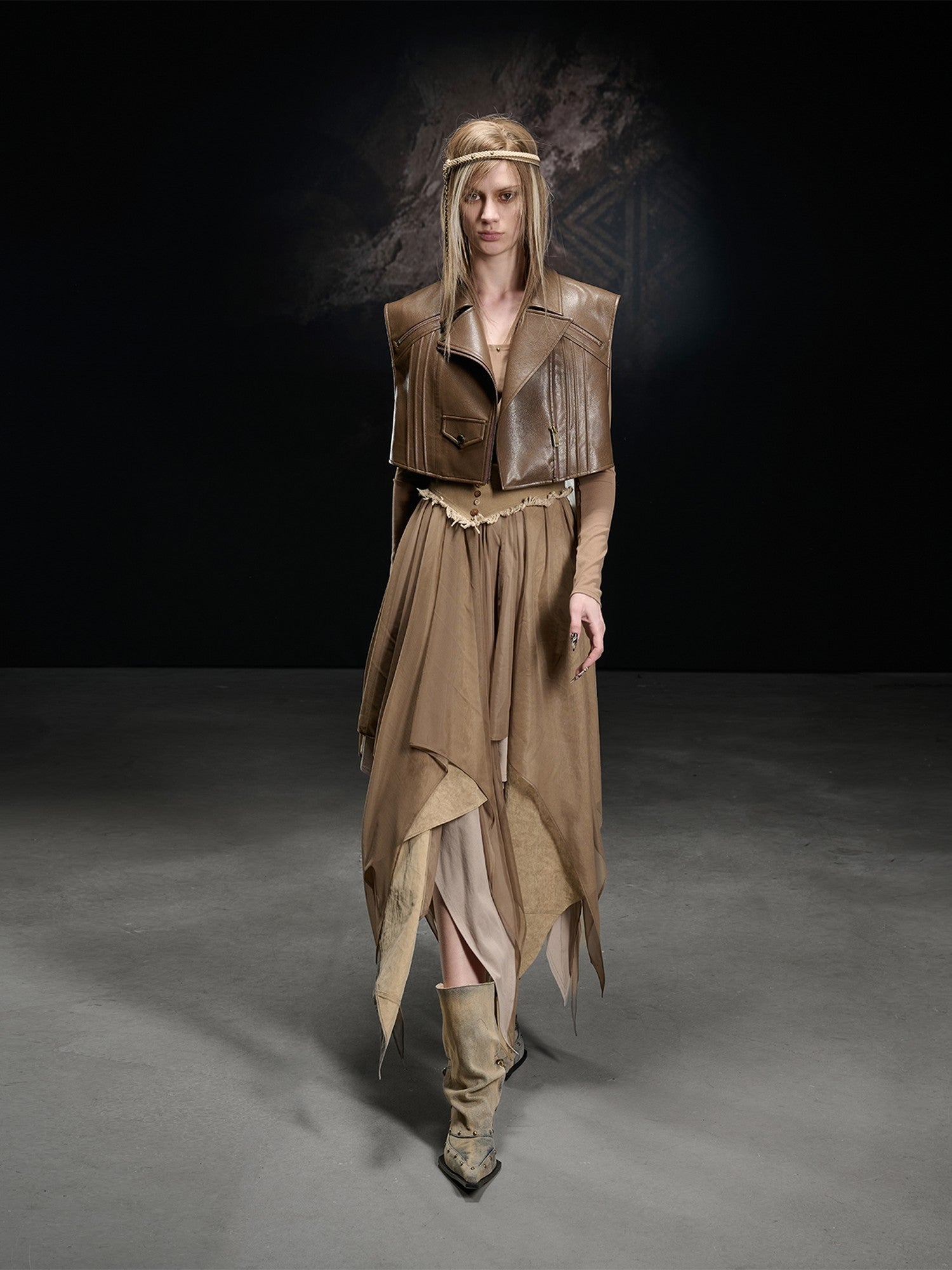 NORTH NODE Boxy Studded Pleated Biker Turn Collar Women&