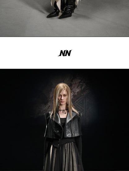 NORTH NODE Boxy Studded Pleated Biker Turn Collar Women&