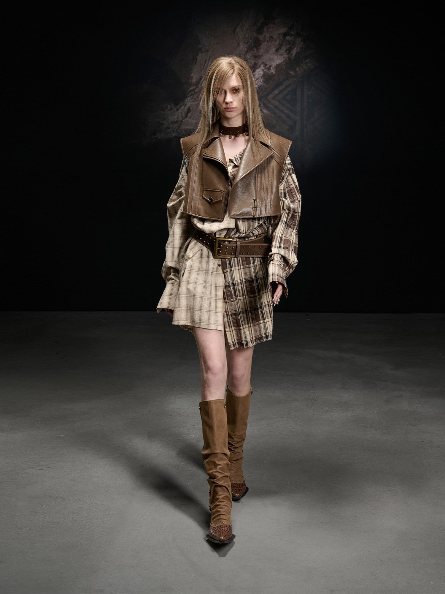 NORTH NODE Boxy Studded Pleated Biker Turn Collar Women&