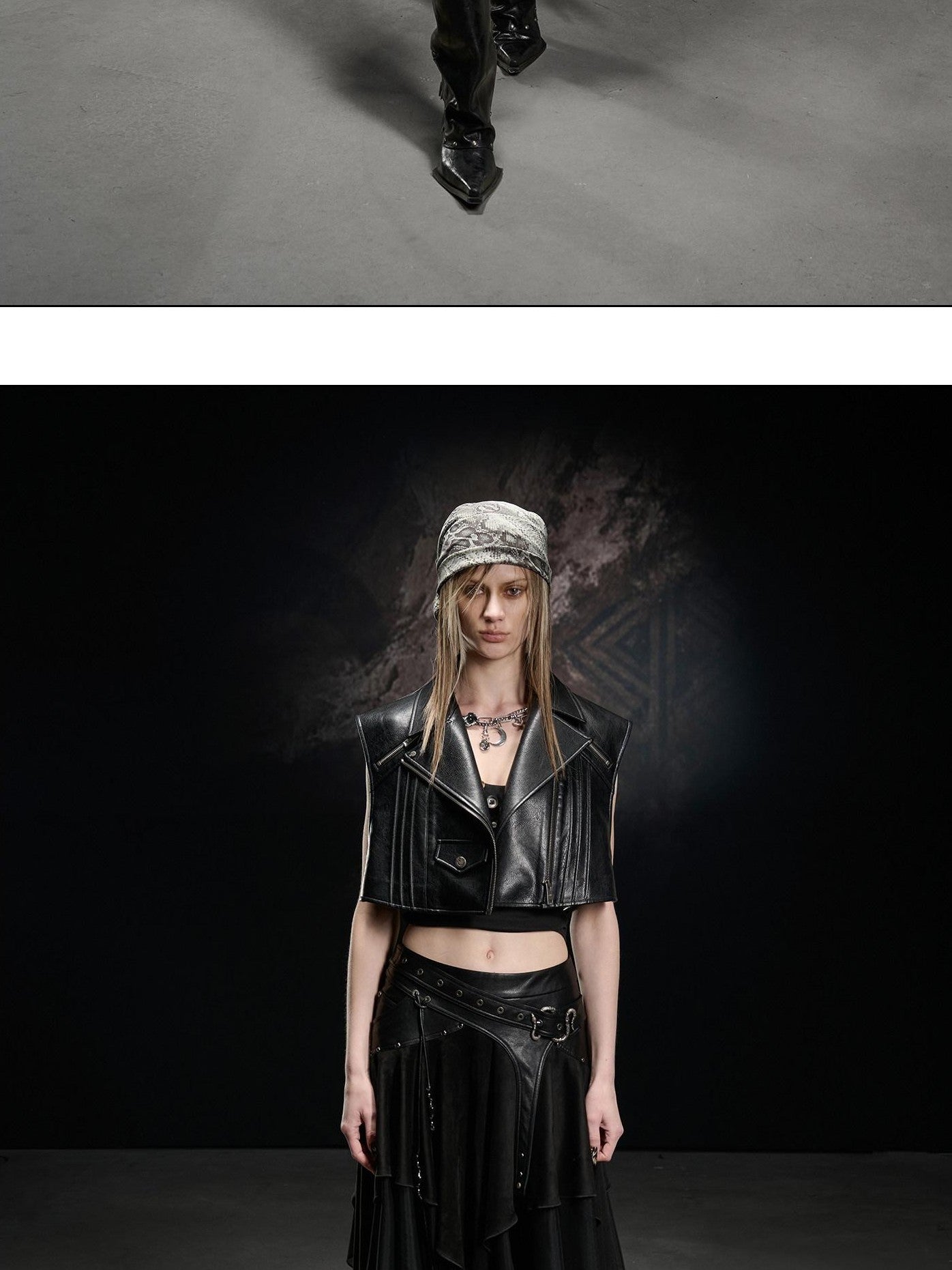 NORTH NODE Boxy Studded Pleated Biker Turn Collar Women&