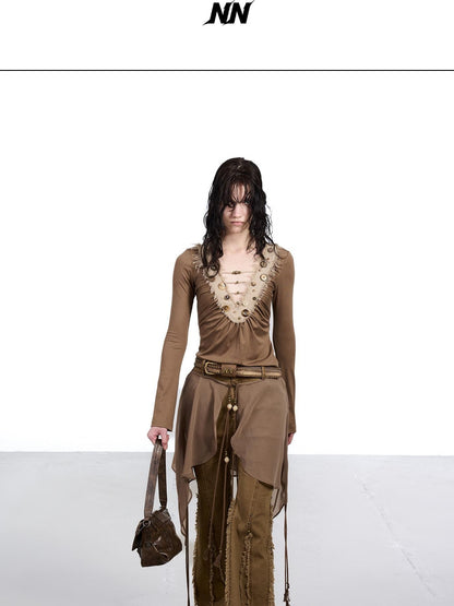 NORTH NODE Brushed Khaki Slim Micro Flare Women&