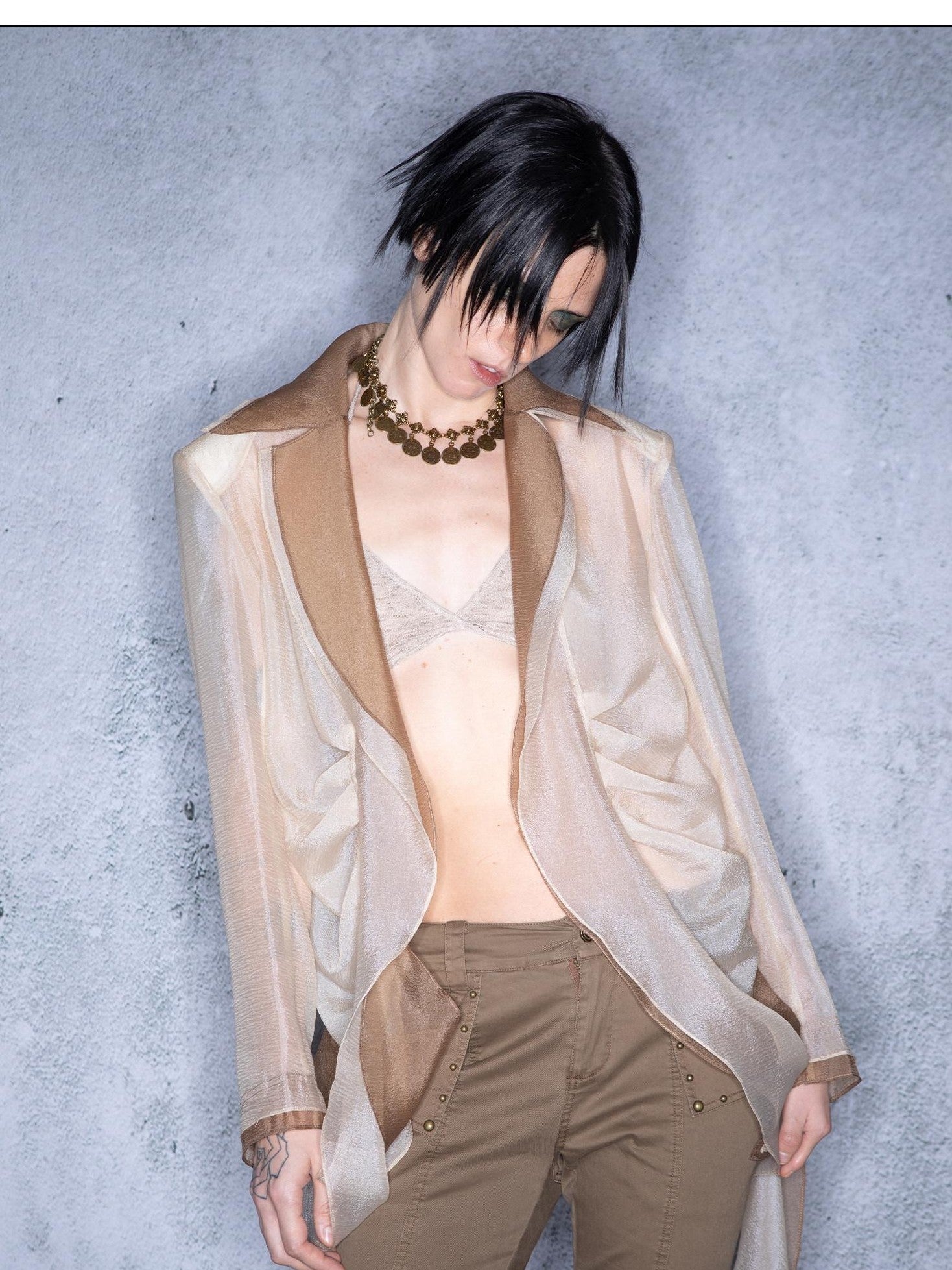NORTH NODE Bubble Gauze Pleated Spliced Notched Lapel Women&