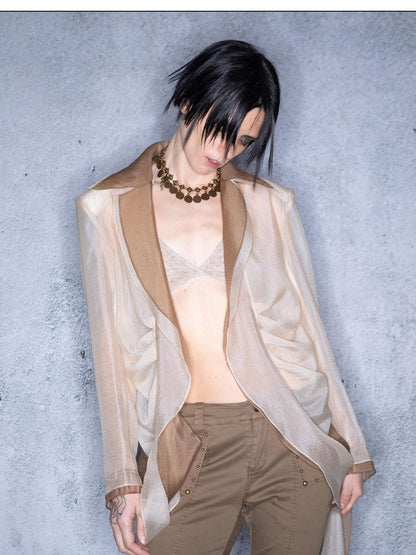 NORTH NODE Bubble Gauze Pleated Spliced Notched Lapel Women&