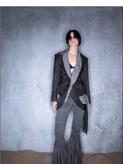 NORTH NODE Bubble Gauze Pleated Spliced Notched Lapel Women&