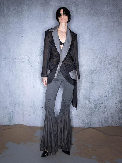 NORTH NODE Bubble Gauze Pleated Spliced Notched Lapel Women&