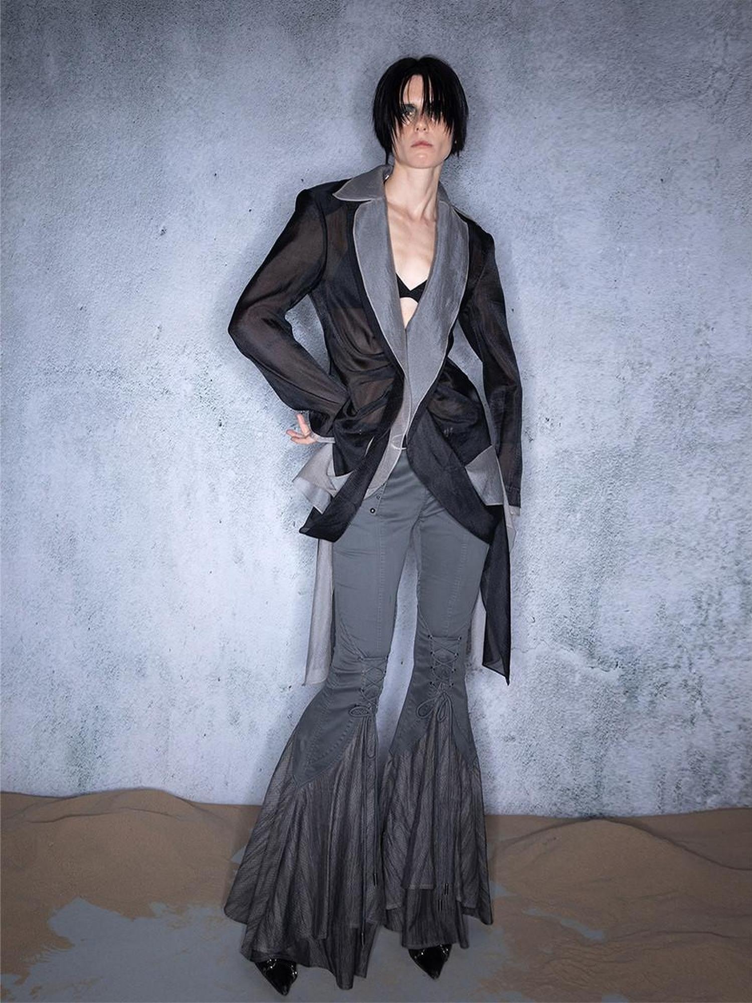NORTH NODE Bubble Gauze Pleated Spliced Notched Lapel Women&
