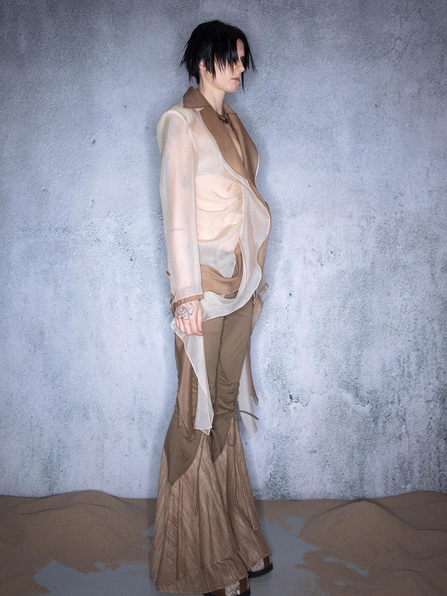 NORTH NODE Bubble Gauze Pleated Spliced Notched Lapel Women&