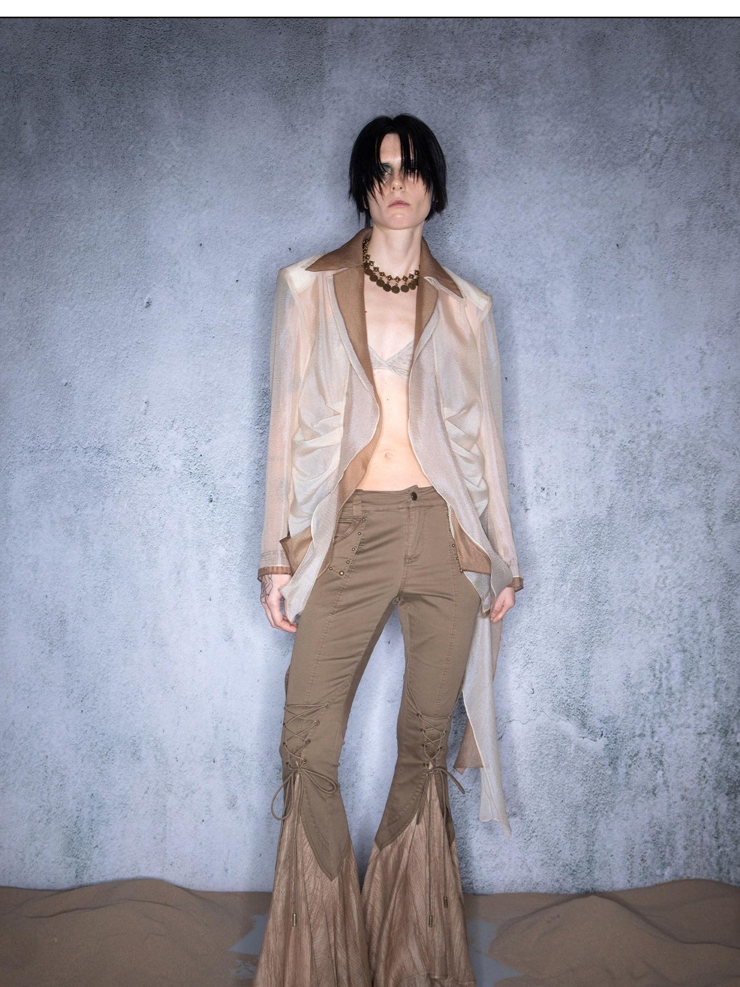 NORTH NODE Bubble Gauze Pleated Spliced Notched Lapel Women&