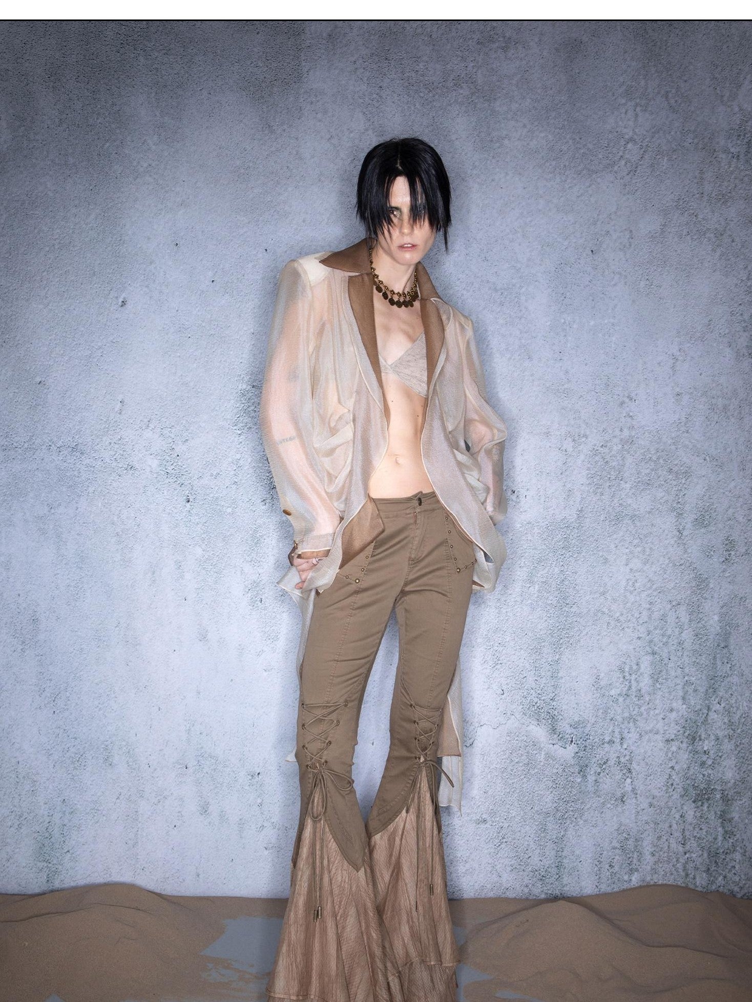 NORTH NODE Bubble Gauze Pleated Spliced Notched Lapel Women&