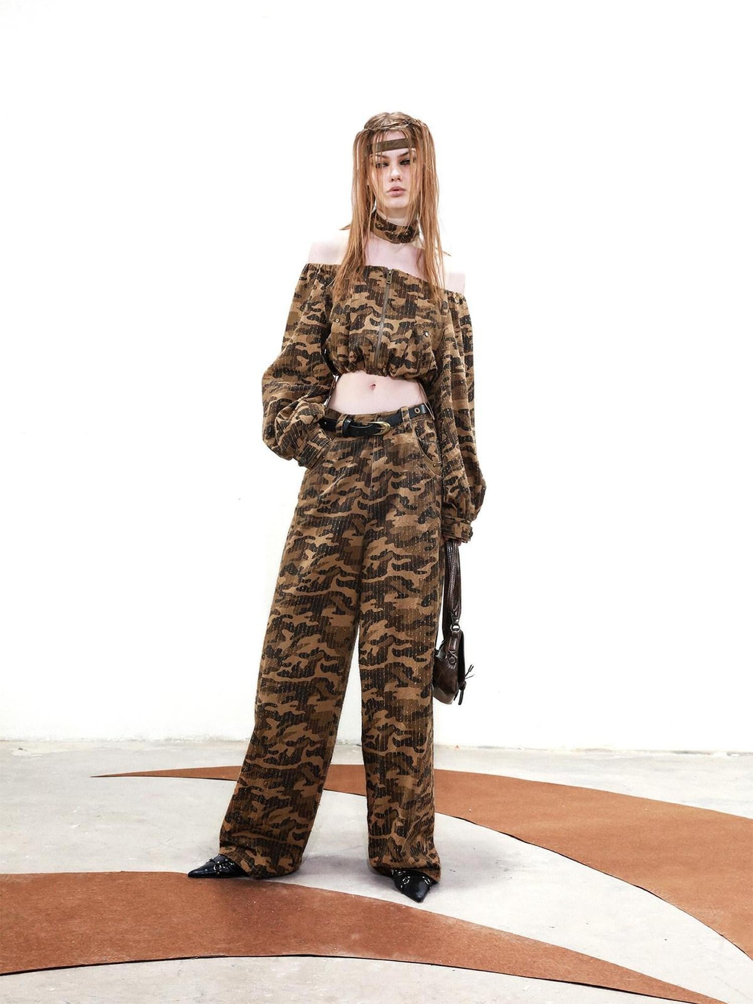 NORTH NODE Camouflage One Shoulder Jacket Pants And Skirt Women&