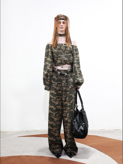 NORTH NODE Camouflage One Shoulder Jacket Pants And Skirt Women&