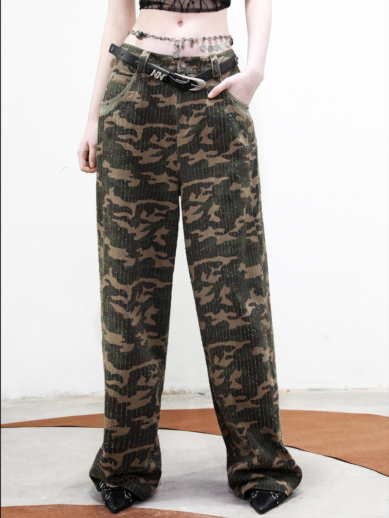 NORTH NODE Camouflage One Shoulder Jacket Pants And Skirt Women&