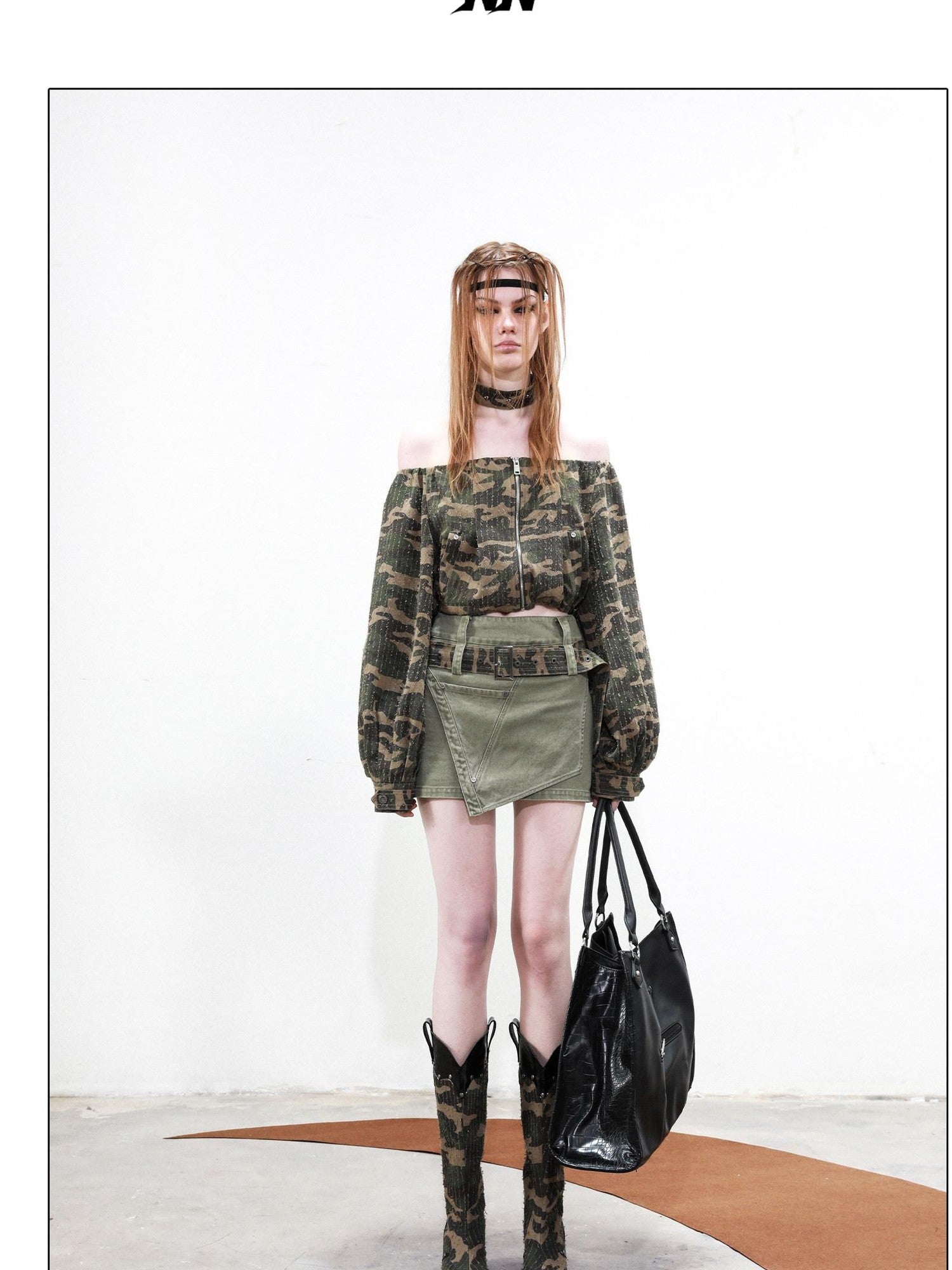 NORTH NODE Camouflage One Shoulder Jacket Pants And Skirt Women&