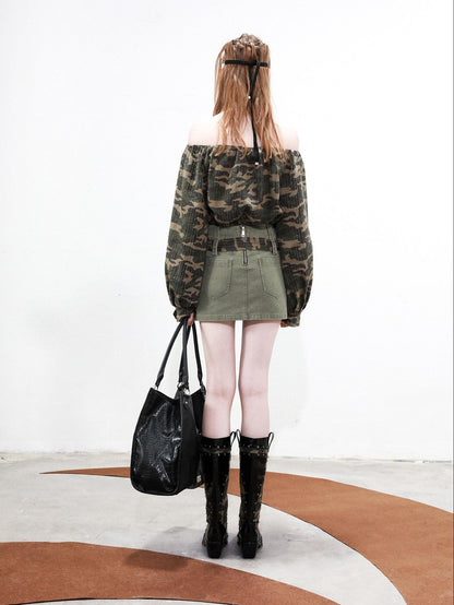 NORTH NODE Camouflage One Shoulder Jacket Pants And Skirt Women&