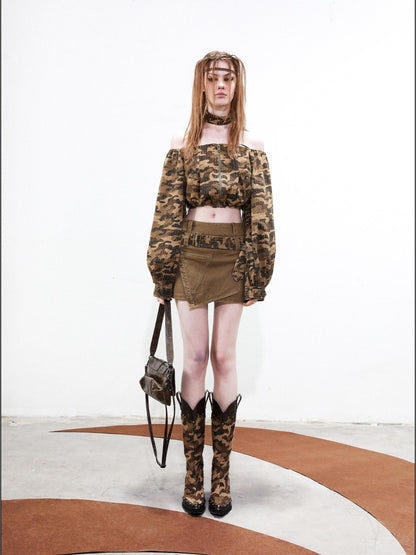 NORTH NODE Camouflage One Shoulder Jacket Pants And Skirt Women&