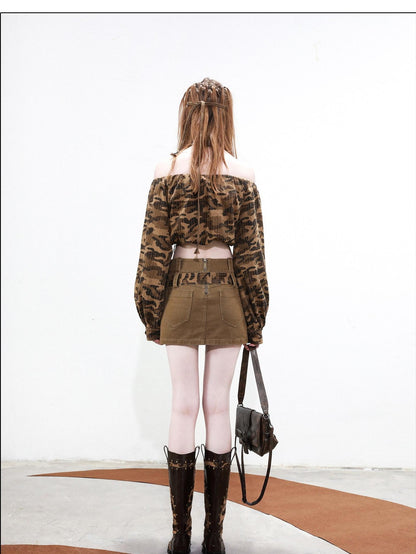 NORTH NODE Camouflage One Shoulder Jacket Pants And Skirt Women&