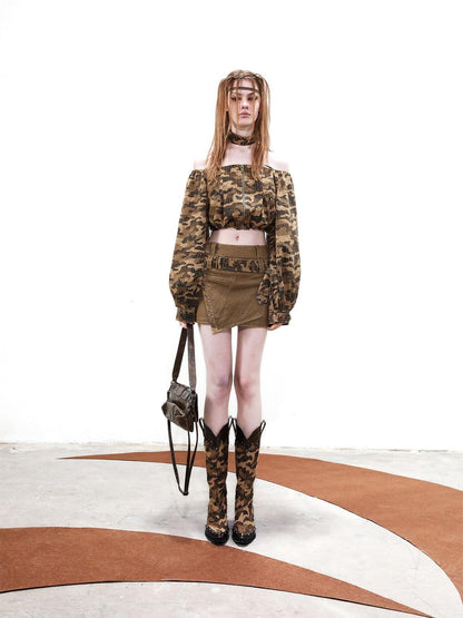 NORTH NODE Camouflage One Shoulder Jacket Pants And Skirt Women&