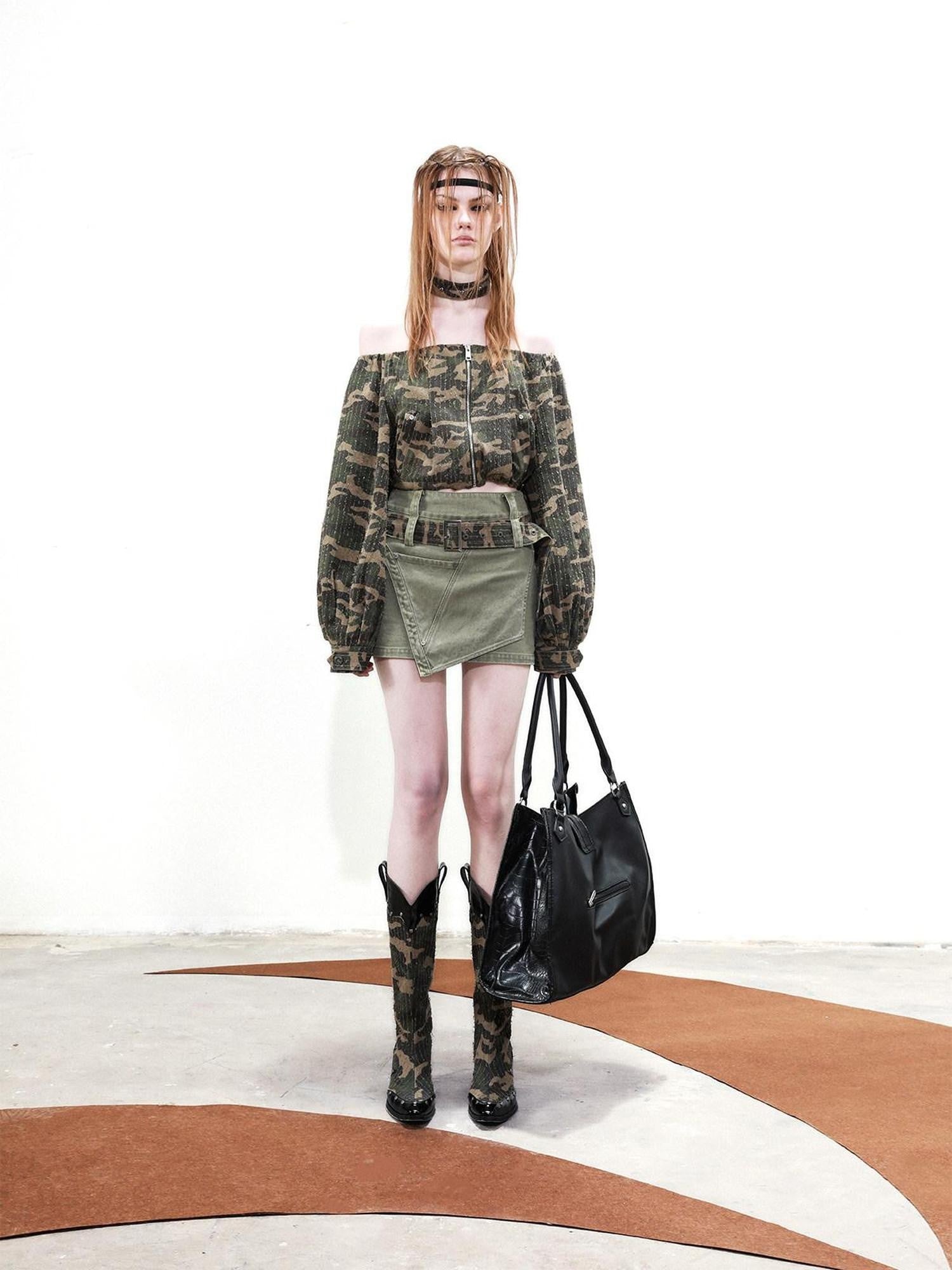 NORTH NODE Camouflage One Shoulder Jacket Pants And Skirt Women&