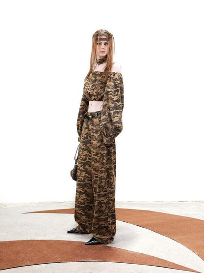 NORTH NODE Camouflage One Shoulder Jacket Pants And Skirt Women&