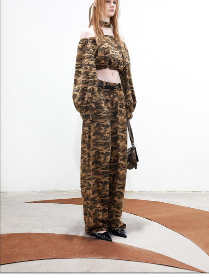 NORTH NODE Camouflage One Shoulder Jacket Pants And Skirt Women&