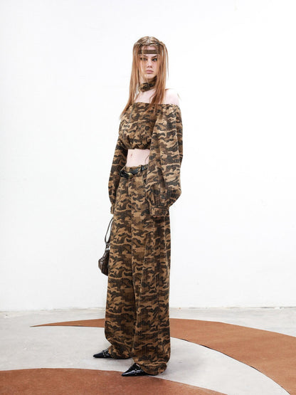 NORTH NODE Camouflage One Shoulder Jacket Pants And Skirt Women&