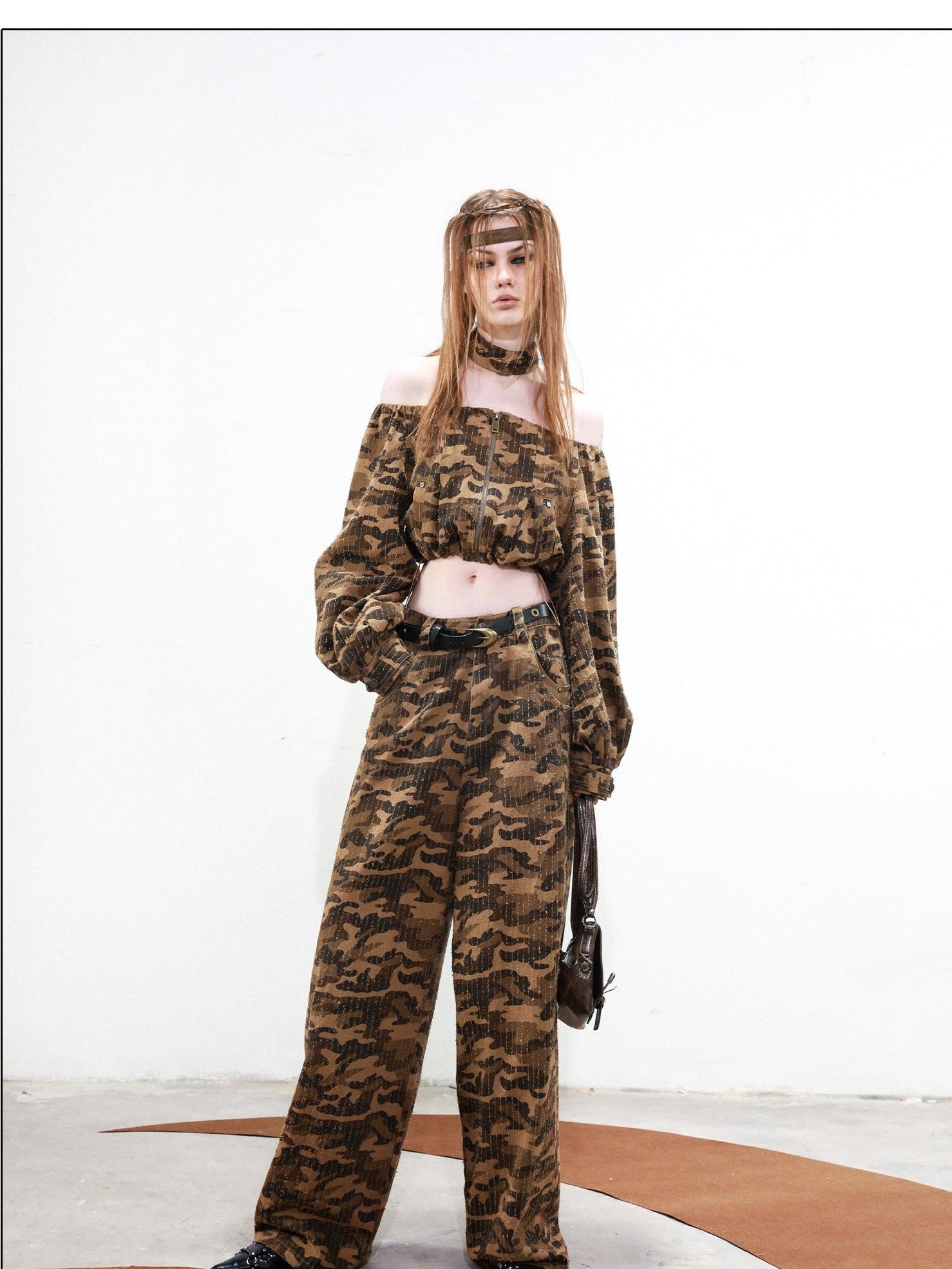 NORTH NODE Camouflage One Shoulder Jacket Pants And Skirt Women&
